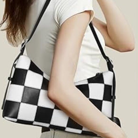 Neiman Marcus Checkered Vegan Leather Shoulder Bag - Picture 2 of 7